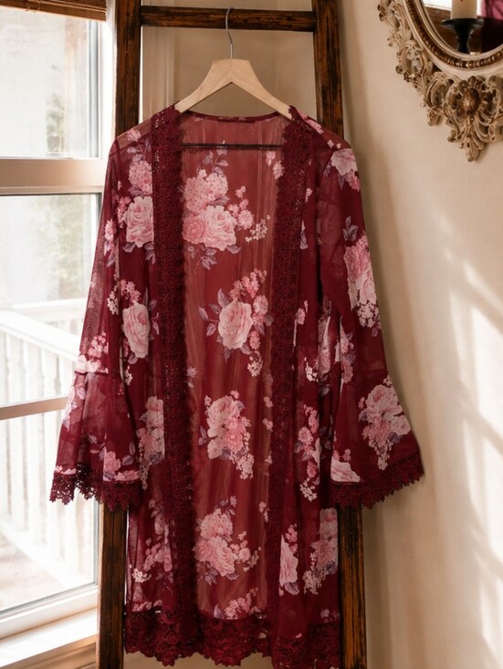 The Unbranded Brand Other - Floral Lace Trim Burgundy Sheer Kimono